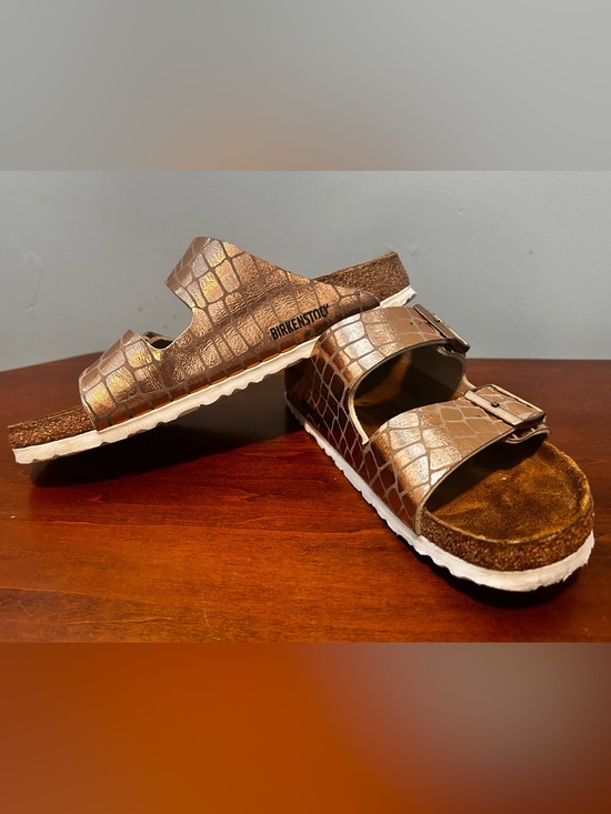 Birkenstock Shoes - Birkenstock Gator Gleam copper metallic Croc-Embossed Double Buckle Sandals 40-9